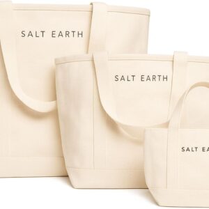 Sacs fourre-tout en toile Salt Earth pour femmes – Pack de 3 (grand, moyen, mini), ensemble unique multi-usages 100 % coton pour les achats, le travail, les voyages, la plage, le bricolage et les cadeaux de Noël