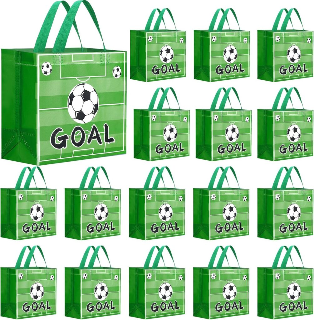 SilTriangle 48 Pcs Sacs cadeaux de fête de football Sacs de friandises Sac à main réutilisable avec poignée Thème ballon de sport Goodie Snack bonbons Sac à main pour fête d’anniversaire (style exquis)